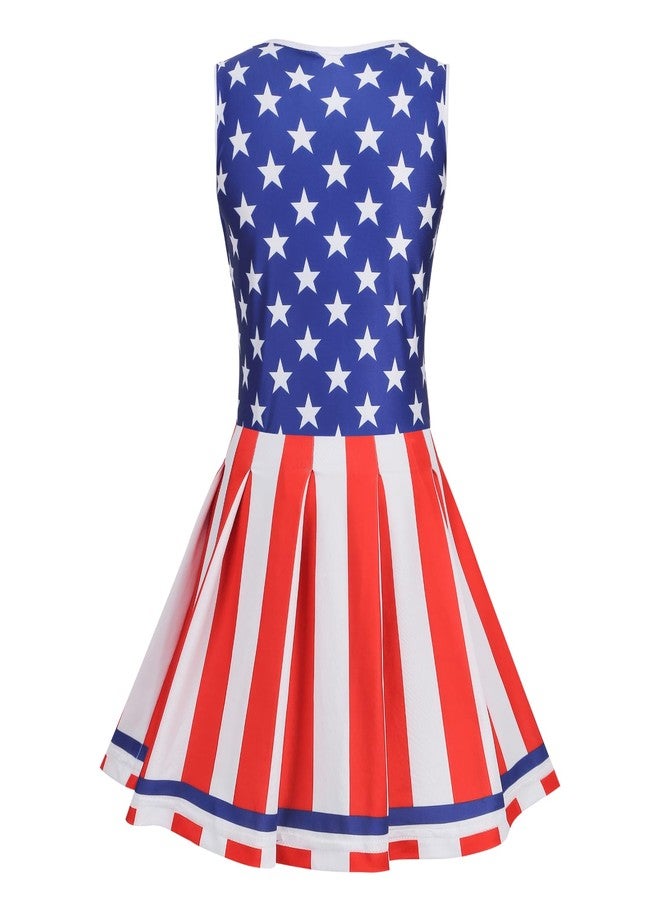 HAPNBCELE Cheerleader Costume for Girls 4th of July Cheerleading Outfit American Flag Cheer Dress Uniform with Hair Tie and 2 Pom Poms Halloween Christmas School Party (Stripe Red, 6-7 Years) - Image 2
